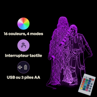 Caractéristiques lampe 3D LED Star Wars Han Solo Chewbacca télécommande 16 couleurs USB ou piles