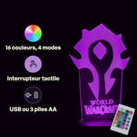 Caractéristiques lampe 3D LED World of Warcraft La Horde télécommande 16 couleurs USB ou piles