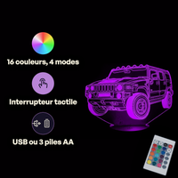 Caractéristiques lampe 3D LED Voiture Hummer télécommande 16 couleurs USB ou piles