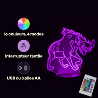 Caractéristiques lampe 3D LED Roi Lion Hyène télécommande 16 couleurs USB ou piles