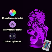 Caractéristiques lampe 3D LED My Hero Academia Izuku télécommande 16 couleurs USB ou piles