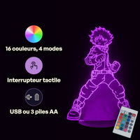 Caractéristiques lampe 3D LED My Hero Academia Izuku Midoriya télécommande 16 couleurs USB ou piles