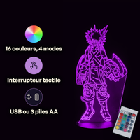 Caractéristiques lampe 3D LED My Hero Academia Katsuki Bakugo télécommande 16 couleurs USB ou piles