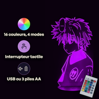 Caractéristiques lampe 3D LED Hunter x Hunter Kirua télécommande 16 couleurs USB ou piles
