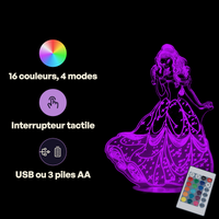 Caractéristiques lampe 3D LED Princesse Disney La belle et la bête 1991 télécommande 16 couleurs USB ou piles