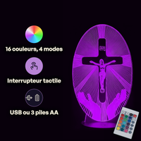 Caractéristiques lampe 3D LED Religieuse La Croix de Jésus télécommande 16 couleurs USB ou piles