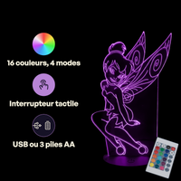 Caractéristiques lampe 3D LED Princesse Disney La Fée Clochette télécommande 16 couleurs USB ou piles