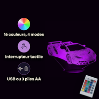 Caractéristiques lampe 3D LED Voiture Lamborghini télécommande 16 couleurs USB ou piles