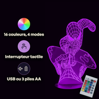 Caractéristiques lampe 3D LED Marvel Lance Toile Spiderman télécommande 16 couleurs USB ou piles