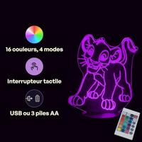 Caractéristiques lampe 3D LED Roi Lion Simba Bébé télécommande 16 couleurs USB ou piles