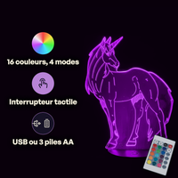 Caractéristiques lampe 3D LED Animal Licorne télécommande 16 couleurs USB ou piles
