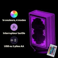 Caractéristiques lampe 3D LED Religieuse Livre de la Bible télécommande 16 couleurs USB ou piles
