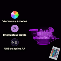 Caractéristiques lampe 3D LED Train Locomotive télécommande 16 couleurs USB ou piles