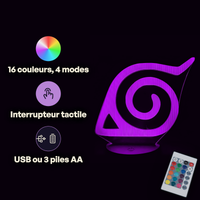 Caractéristiques lampe 3D LED Naruto Logo Konoha télécommande 16 couleurs USB ou piles