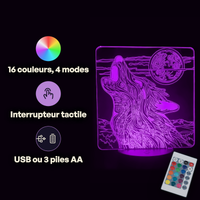 Caractéristiques lampe 3D LED Animal Loup télécommande 16 couleurs USB ou piles