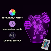 Caractéristiques lampe 3D LED One Piece Luffy Chibi télécommande 16 couleurs USB ou piles