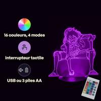 Caractéristiques lampe 3D LED One Piece Luffy en Colère télécommande 16 couleurs USB ou piles