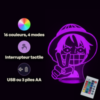 Caractéristiques lampe 3D LED One Piece Luffy télécommande 16 couleurs USB ou piles