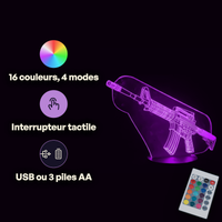 Caractéristiques lampe 3D LED Counter Strike M4 télécommande 16 couleurs USB ou piles
