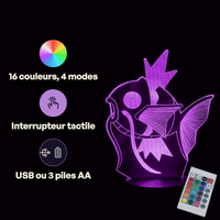 Caractéristiques lampe 3D LED Pokémon Magicarpe télécommande 16 couleurs USB ou piles