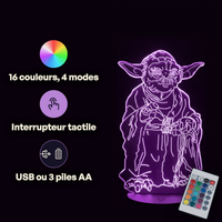 Caractéristiques lampe 3D LED Star Wars Maître Yoda télécommande 16 couleurs USB ou piles