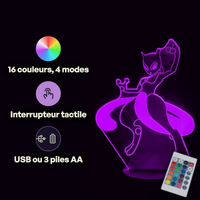 Caractéristiques lampe 3D LED Pokémon Mewtwo télécommande 16 couleurs USB ou piles
