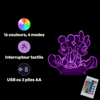 Caractéristiques lampe 3D LED Mickey Minnie et Mickey télécommande 16 couleurs USB ou piles