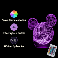 Caractéristiques lampe 3D LED Mickey The Mouse télécommande 16 couleurs USB ou piles