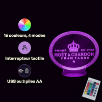 Caractéristiques lampe 3D LED d'Ambiance Moët & Chandon télécommande 16 couleurs USB ou piles