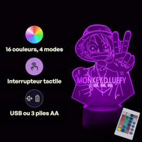 Caractéristiques lampe 3D LED One Piece Monkey D. Luffy Prime télécommande 16 couleurs USB ou piles