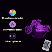 Caractéristiques lampe 3D LED Moto Harley Davidson Chopper télécommande 16 couleurs USB ou piles