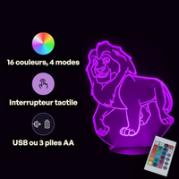 Caractéristiques lampe 3D LED Roi Lion Mufasa télécommande 16 couleurs USB ou piles