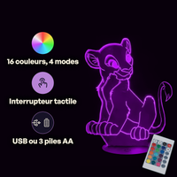 Caractéristiques lampe 3D LED Roi Lion Nala télécommande 16 couleurs USB ou piles