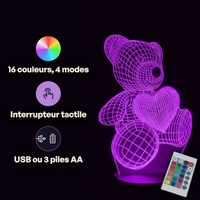 Caractéristiques lampe 3D LED Ourson Nounours Amoureux télécommande 16 couleurs USB ou piles
