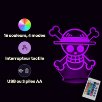 Caractéristiques lampe 3D LED One Piece Logo télécommande 16 couleurs USB ou piles