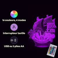 Caractéristiques lampe 3D LED One Piece Thousand Sunny télécommande 16 couleurs USB ou piles