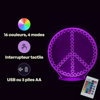 Caractéristiques lampe 3D LED Coeur Peace and Love télécommande 16 couleurs USB ou piles
