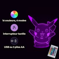 Caractéristiques lampe 3D LED Pokémon Pikachu Shiny télécommande 16 couleurs USB ou piles