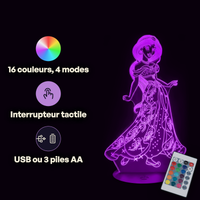 Caractéristiques lampe 3D LED Princesse Disney Princesse Jasmine télécommande 16 couleurs USB ou piles