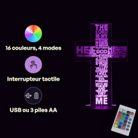 Caractéristiques lampe 3D LED Religieuse Psaume 23 télécommande 16 couleurs USB ou piles