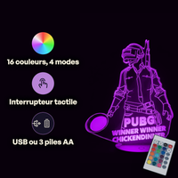 Caractéristiques lampe 3D LED Jeu Vidéo PUBG Chicken Winner télécommande 16 couleurs USB ou piles