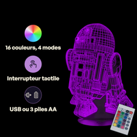 Caractéristiques lampe 3D LED Star Wars R2-D2 télécommande 16 couleurs USB ou piles
