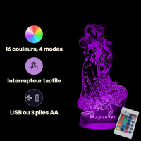 Caractéristiques lampe 3D LED Princesse Disney Raiponce télécommande 16 couleurs USB ou piles
