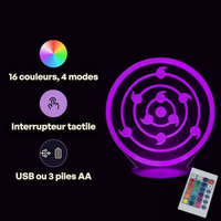 Caractéristiques lampe 3D LED Naruto Rinne Sharingan télécommande 16 couleurs USB ou piles