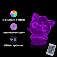 Caractéristiques lampe 3D LED Pokémon Rondoudou télécommande 16 couleurs USB ou piles