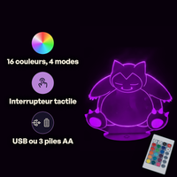 Caractéristiques lampe 3D LED Pokémon Ronflex télécommande 16 couleurs USB ou piles