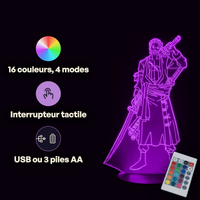Caractéristiques lampe 3D LED One Piece Roronoa Zoro télécommande 16 couleurs USB ou piles