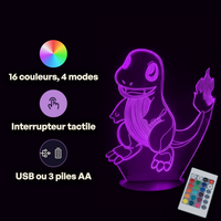 Caractéristiques lampe 3D LED Pokémon Salamèche télécommande 16 couleurs USB ou piles