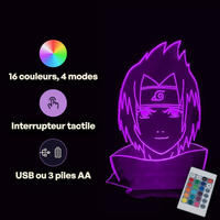 Caractéristiques lampe 3D LED Naruto Sasuke Petit télécommande 16 couleurs USB ou piles