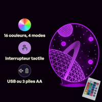 Caractéristiques lampe 3D LED Espace Saturne télécommande 16 couleurs USB ou piles